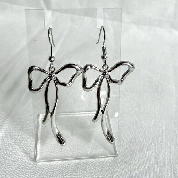 Silver Tone Ribbon Bow Dangle Earrings - Picture 3 of 8